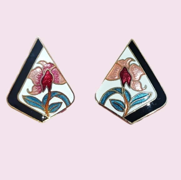Vintage Jewelry - SOLD Vintage Cloisonne Floral Earrings by Sea Gems SG